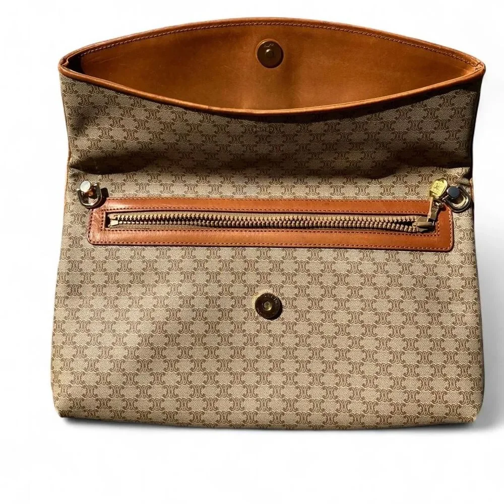 Celine Beige & Brown Logo Canvas Fold-Over Clutch